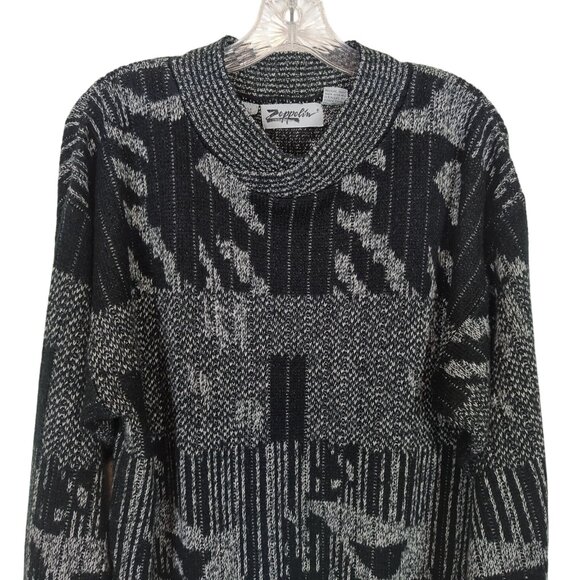 Vintage Zeppelin Sweater L Black Gray Abstract Geometric Knit Pullover 80s 90s - Picture 3 of 15